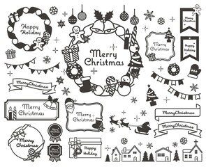 シンプルでかわいいクリスマスのフレームベクターイラスト素材／枠／リボン／リース／モノクロ