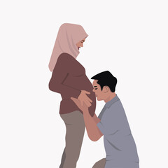 Pregnant Muslim woman.
Traditional Muslim family, pregnancy and childbirth in an Arab couple. A pregnant woman in a hijab and a national costume. Flat vector illustration.