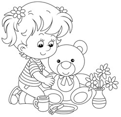 Happy little girl playing with a funny plush teddy bear, black and white outline vector cartoon illustration for a coloring book page