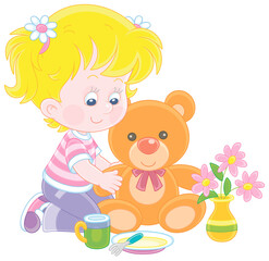 Happy little girl playing with a funny plush teddy bear, vector cartoon illustration