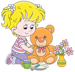 Happy little girl playing with a funny plush teddy bear, vector cartoon illustration isolated on a white background