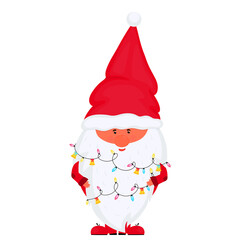 Gnome with Christmas lights. Vector for New Year holidays