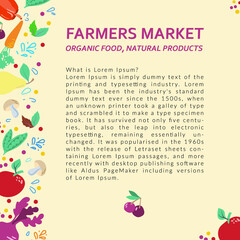 Diet and organic food template. Healthy eating vector concept with flat fruits, vegetables and copyspace. Great for healthy magazines, cooking web sites and restaurant newsletters.