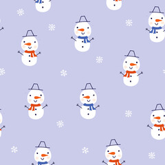 Cute snowman illustration with snowflakes seamless vector pattern background. Repeating winter kids background with snowmen on lilac blue background. Vector illustration for fabric, gift wrap.