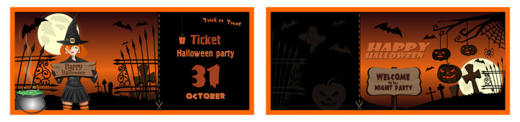 Halloween Night Party Ticket. Halloween banner with carved funny pumpkins and cute girl in witch costume. Vector illustration