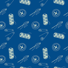 Monochrome seamless pattern of threads, buttons, needles and pins. A needle from a thread. Doodle style vector.