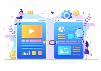 SEO Link Building as Search Engine Optimization, Marketing and Digital for Home Page Development or Mobile Applications Vector Illustration