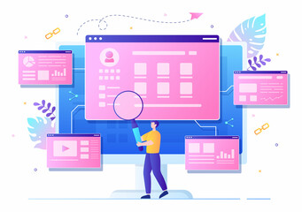 SEO Link Building as Search Engine Optimization, Marketing and Digital for Home Page Development or Mobile Applications Vector Illustration