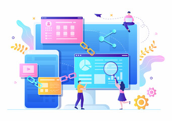 SEO Link Building as Search Engine Optimization, Marketing and Digital for Home Page Development or Mobile Applications Vector Illustration