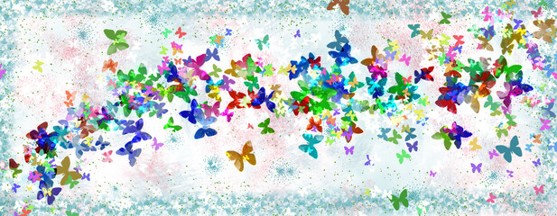 Multi-colored butterflies are hovering on a pink-turquoise background. Imitation of a drawing in watercolor. Light abstract background with butterflies. Illustration.