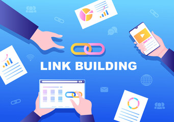 SEO Link Building as Search Engine Optimization, Marketing and Digital for Home Page Development or Mobile Applications Vector Illustration