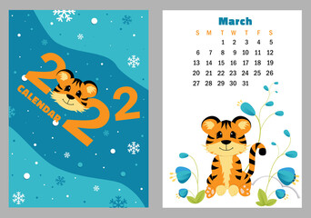 Calendar 2022 with symbol of the year tiger. Cute little tiger vector illustration. Week starts on Sunday. A set of page 