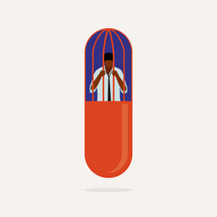 Drug Addiction Concept. Drug Addict Black Man Trapped Inside A Prisoner Cage That Shaped Like A Pill Capsule. - obrazy, fototapety, plakaty
