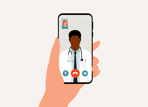 A Patient's With Smartphone Making Video Call With Black Male Doctor. Telemedicine. Telehealth.