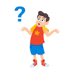 Little doubt boy kid asking question flat style design vector illustration isolated on white background. Cute boy thinking about something and question mark flies above him asking concept.