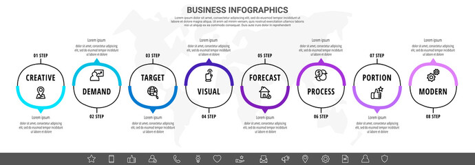 Hand-drawn vector line infographics with eight circles and arrows. Flat chart process template with 8 steps. Modern timeline for business project, presentation, web, diagram, flowchart