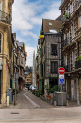 City street with half-timbered houses in Rouen. Normandy, France
