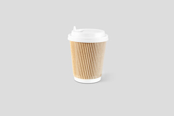 Disposable eco paper craft cups for coffee or tea to go. Mock up. Zero waste, plastic free concept. Sustainable lifestyle. Composition with front view. 3d rendering.