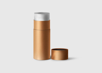 Empty blank paper tube with paper inside. Mock up isolated on a grey background. Kraft paper tube packaging, zero waste concept. 3d rendering.
