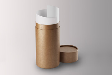 Empty blank paper tube with paper inside. Mock up isolated on a grey background. Kraft paper tube packaging, zero waste concept. 3d rendering.