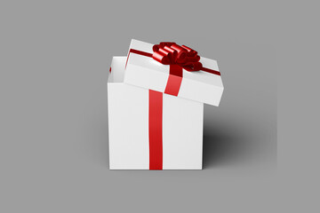 Present gift box for New Year or Christmas with bright ribbon and bow. Mock up isolated o grey background. 3d rendering.