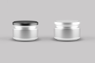 Empty blank small glass jar mock up isolated on a grey background. zero waste eco friendly 
concept. can be used for design jars with honey, jam caviar or other preserves. 3d rendering. 
