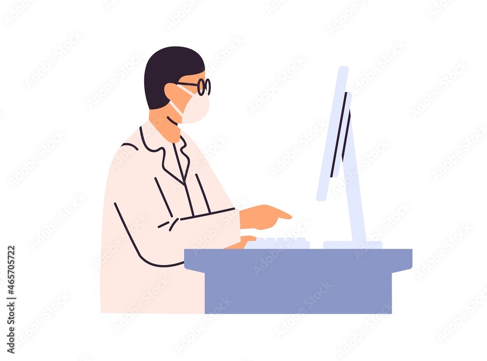 Aufkleber Doctor work at desk with desktop computer in hospital office. Physician in medical mask using PC at table. Modern scientist use technologies. Flat vector illustration isolated on white background