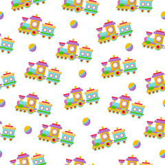 Fototapeta premium Seamless pattern with toys for children. Illustration, train, toy on a white background.