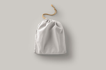 Cotton bag with drawstring Mock up isolated on grey background. Zero waste concept. 3d rendering.