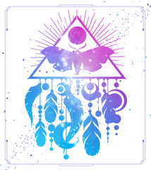 Modern magic witchcraft card with dream Catcher, butterfly and space background inside. Vector illustration