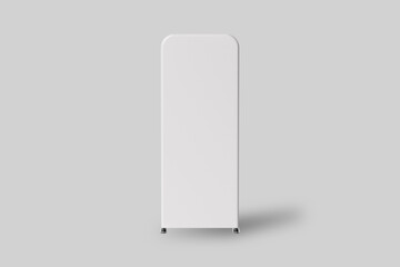 Blank roll-up banner mockup isolated on grey background. 3D rendering, promotional display, advertisement, information or presentation template, realistic marketing stand, branding presentation.
