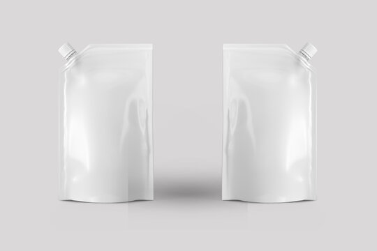 Empty Blank spout pouch, bag foil or plastic packaging mock up isolated on a grey background. Blank Food Stand Up Flexible Pouch Sachet Bag With Spout Lid. 3d rendering.