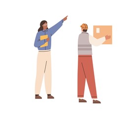 Warehouse worker with carton box and manager control his work, point where parcel should be put. Loader with cardboard package and supervisor. Flat vector illustration isolated on white background