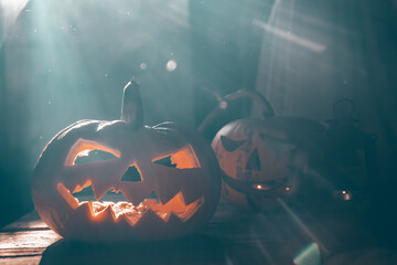 Halloween Pumpkins On Wood In A Spooky Night