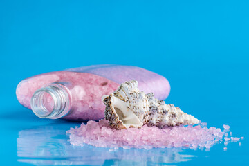 Fototapeta na wymiar Pink spa sea salt. Lot of pieces of pink himalayan salt crystals, relax and rest, bath procedure.