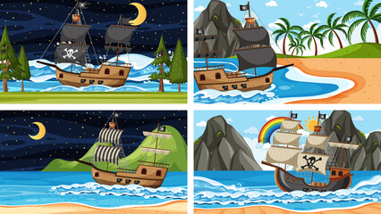 Set of different beach scenes with pirate ship