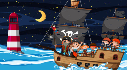 Ocean scene at night with Pirate kids on the ship