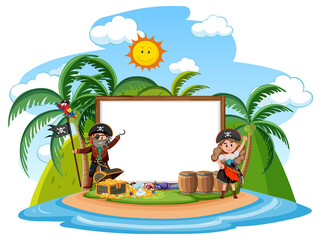 Obraz na płótnie Canvas Pirates on the island with blank banner template isolated