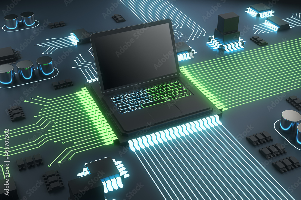 Poster Abstract circuit built in empty laptop screen on green hardware background. Technology, software and equipment concept. Mock up, 3D Rendering.