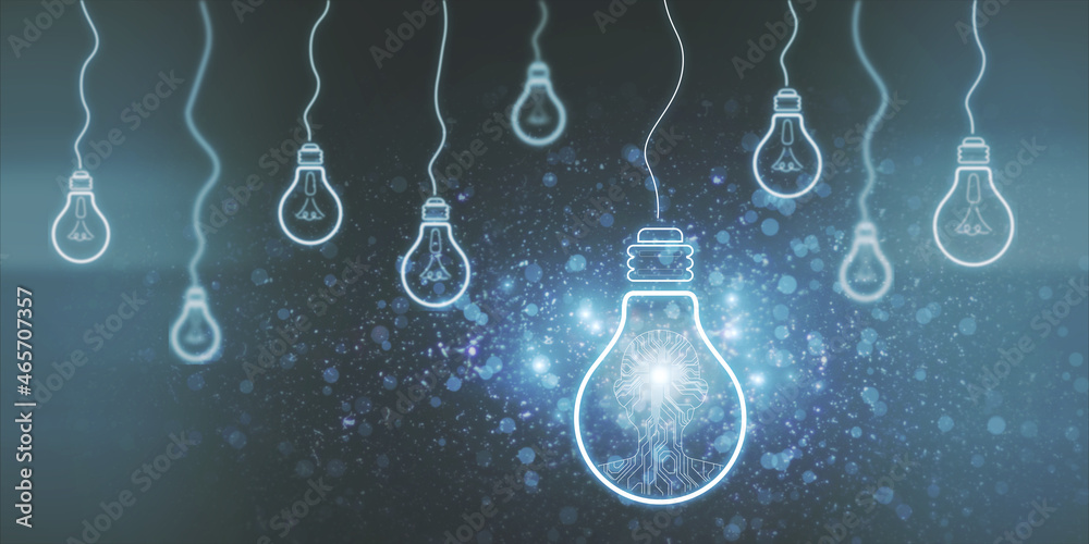 Poster Creative light bulbs on blue background with circuit man. Artificial intelligence and innovation concept. 3D Rendering.
