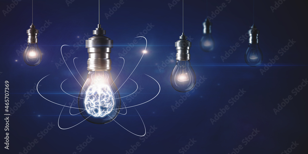 Poster Abstract light bulb on dark wide background with digital brain and atom outline and mock up place. Artificial intelligence, science and innovation concept. 3D Rendering.