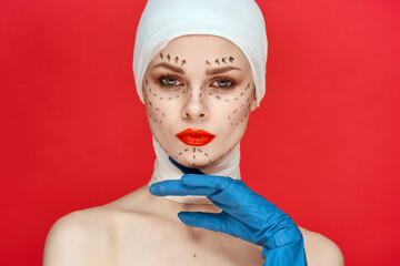 portrait of a woman Red lips plastic surgery operation bare shoulders isolated background