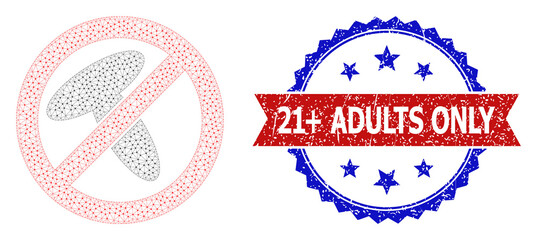 21+ Adults Only rubber stamp seal, and stop mushroom icon polygonal structure. Red and blue bicolor stamp contains 21+ Adults Only caption inside ribbon and rosette. Abstract flat mesh stop mushroom,