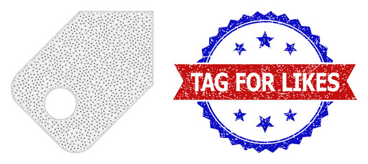 Tag for Likes corroded stamp seal, and tag icon polygonal model. Red and blue bicolor stamp seal has Tag for Likes tag inside ribbon and rosette. Abstract 2d mesh tag, designed with triangular grid.