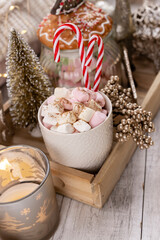 Christmas candy cane heart shape, bokeh background.