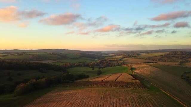 Start of a sunset over the South Downs Way in Chichester, West Sussex