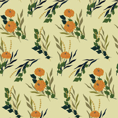 Vintage floral pattern with bouquets of wildflowers and herbs. Seamless pattern with yellow zinnia flowers and various leaves. Light background, imitation of watercolor, vector.