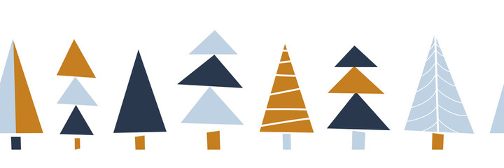Modern abstract Christmas tree border. Seamless repeating vector border paper cut shapes. Decorative horizontal Winter holiday design for ribbon, greeting card, scrapbooking, footer, header, divider.