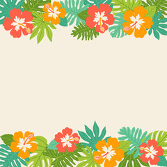 Hibiscus and tropical leaf border frame vector.