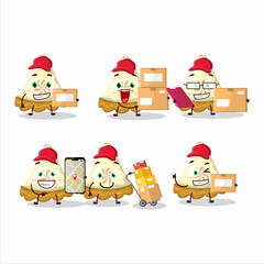 Cartoon character design of slice of lemon meringue pie working as a courier